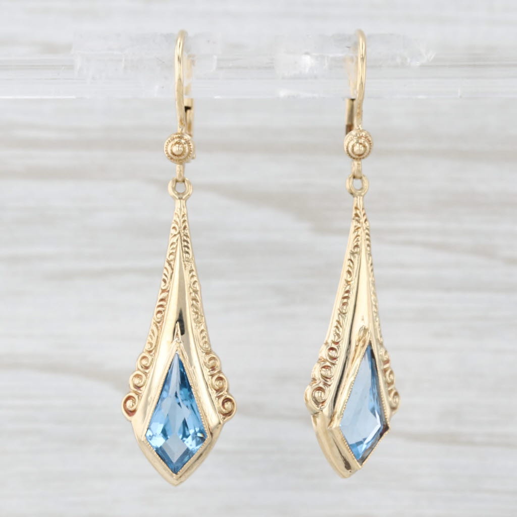 Light Gray Vintage Lab Created Blue Spinel Dangle Earrings 14k Yellow Gold Leverbacks