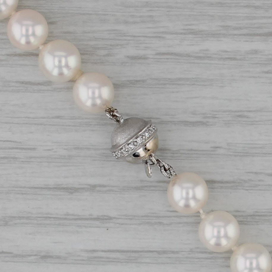 Cultured Pearl Strand Necklace 18k White Gold Diamond Bead Clasp 26" 7.5-8mm