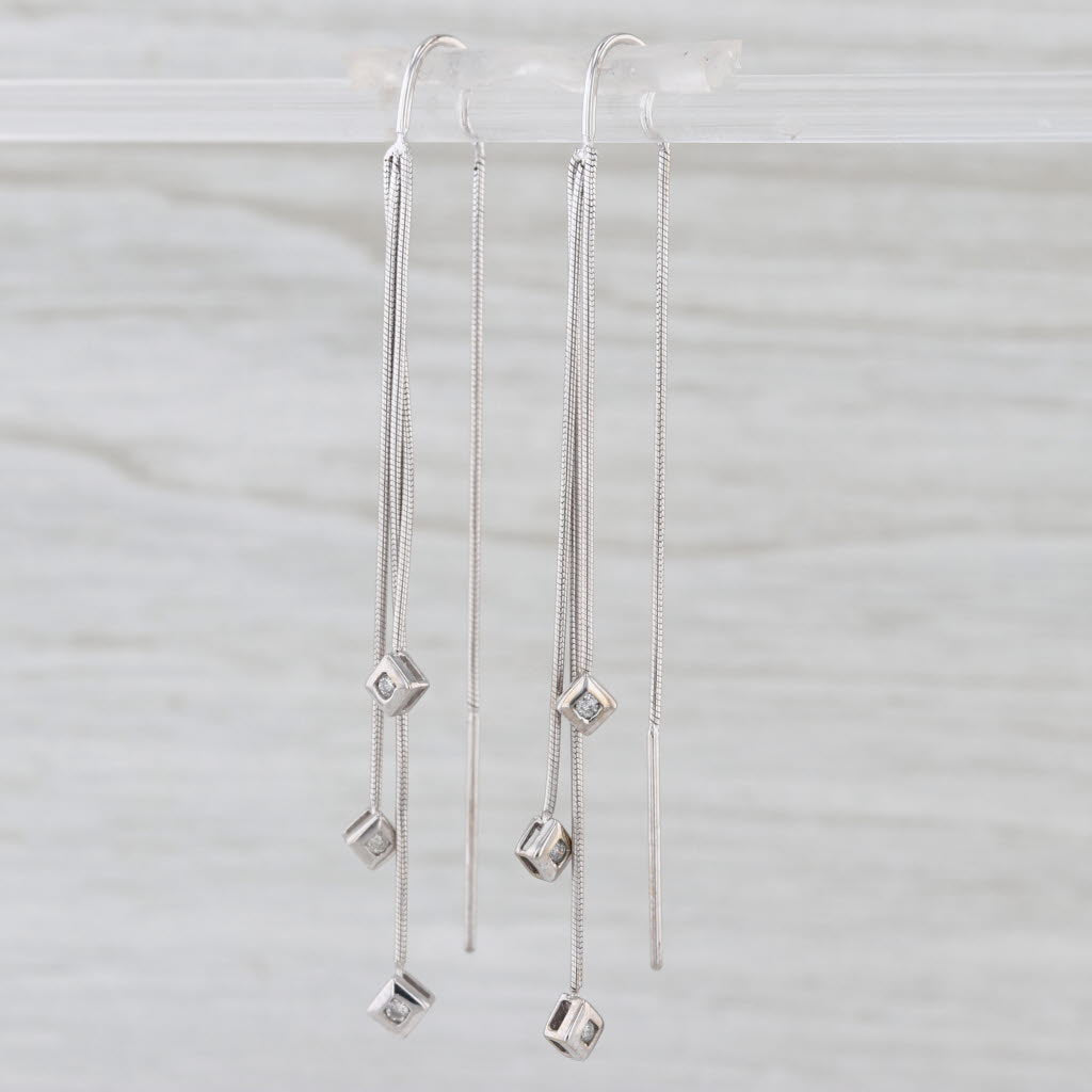 Diamond Fringe Dangle Threader Earrings 10k White Gold Snake Chain