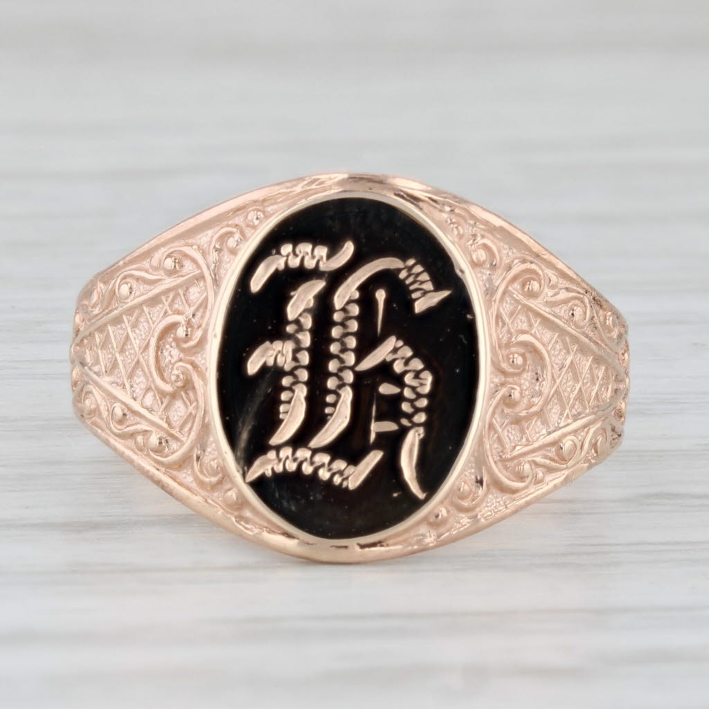 Light Gray Old English Letter Initial F Signet Ring 10k Rose Gold Size 8