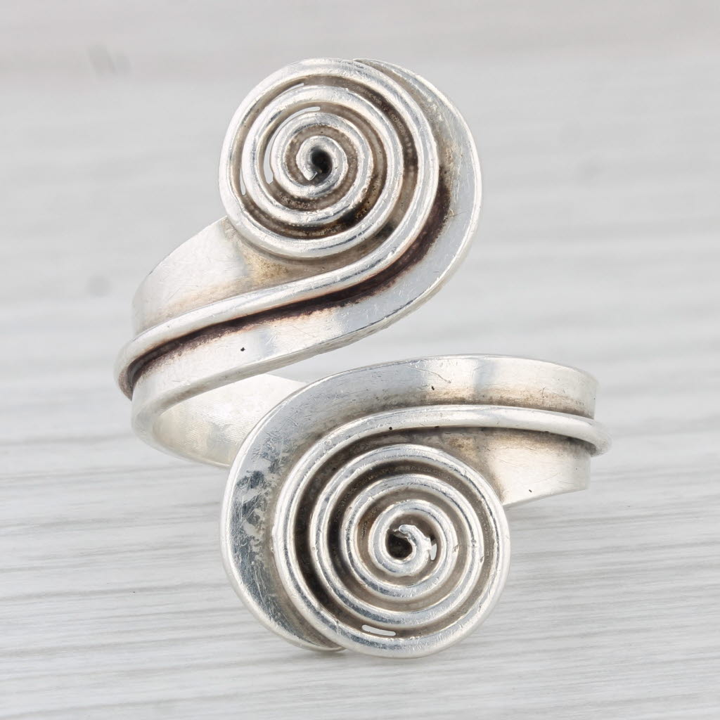 Light Gray Taxco Bypass Swirl Statement Ring Sterling Silver Size 9.5 Adjsutable