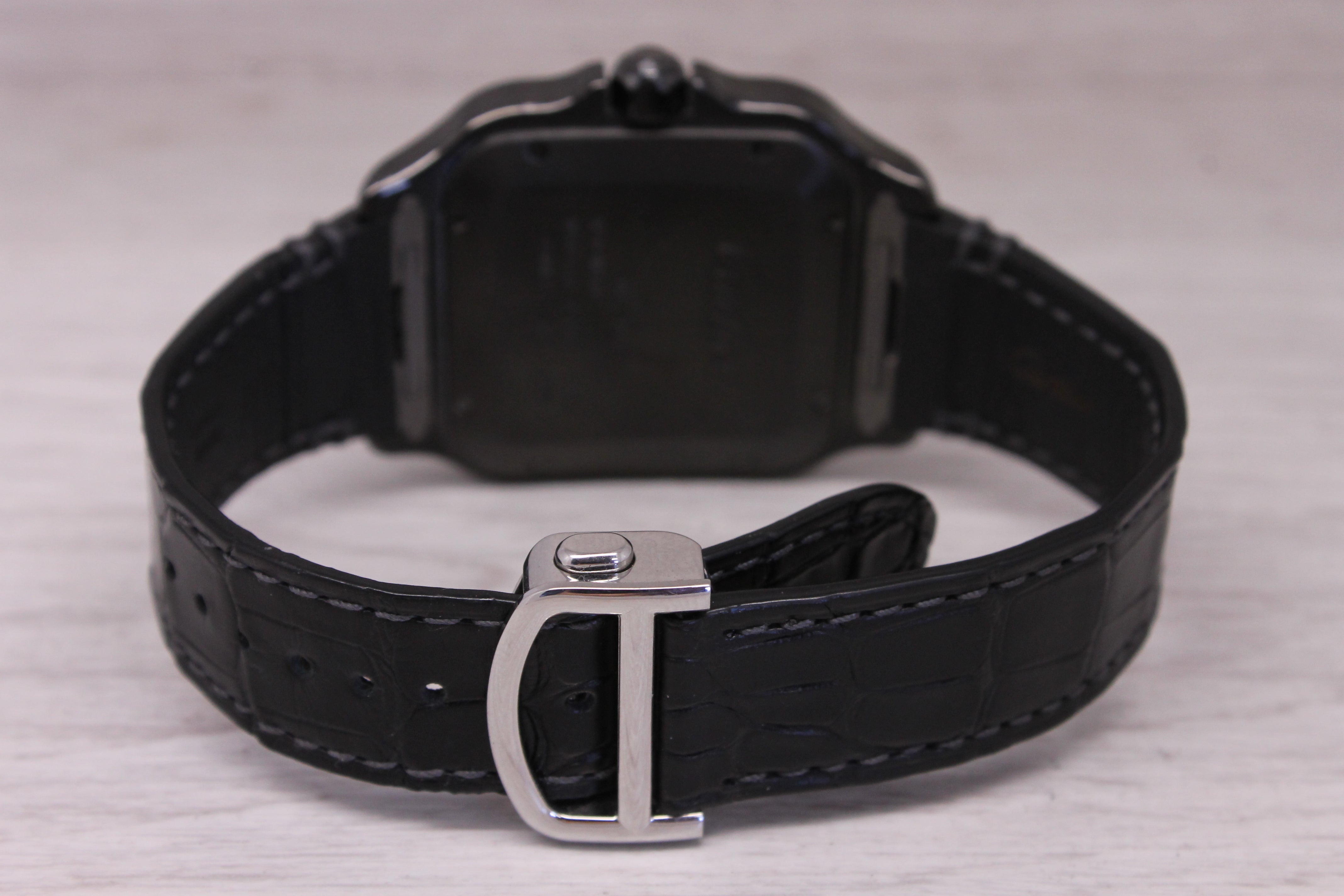 Cartier Santos Black ADLC WSSA039 Mens Automatic Watch w Box Card Extra Strap