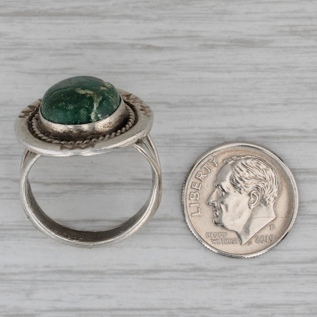 Dark Gray Green Turquoise Native American Ring Vintage Silver Sz 8 Statement Oval Cabochon