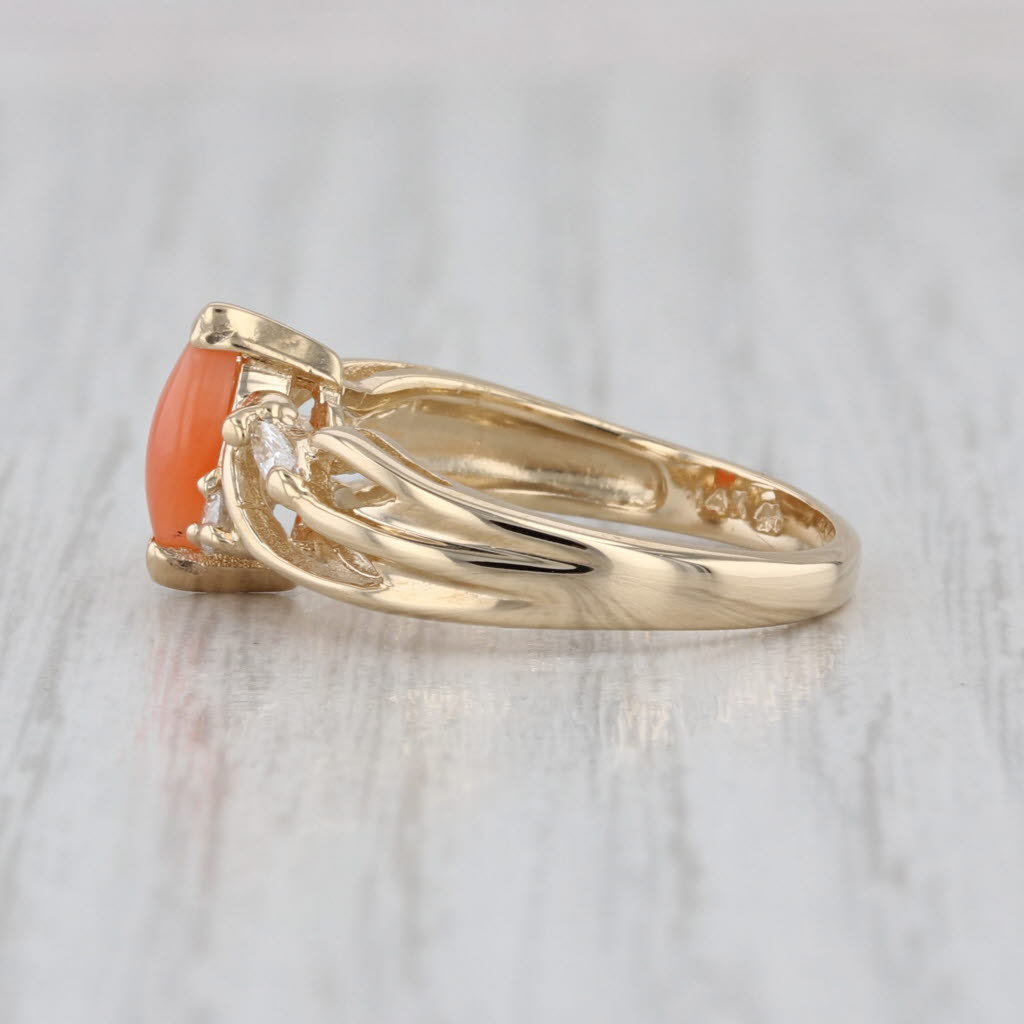 0.16ctw Coral Navette Cabochon Diamond Ring 14k Yellow Gold Size 6