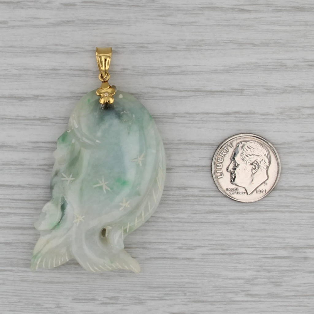Green Jadeite Jade Carved Large Fish Pendant 14k Gold Star Accents