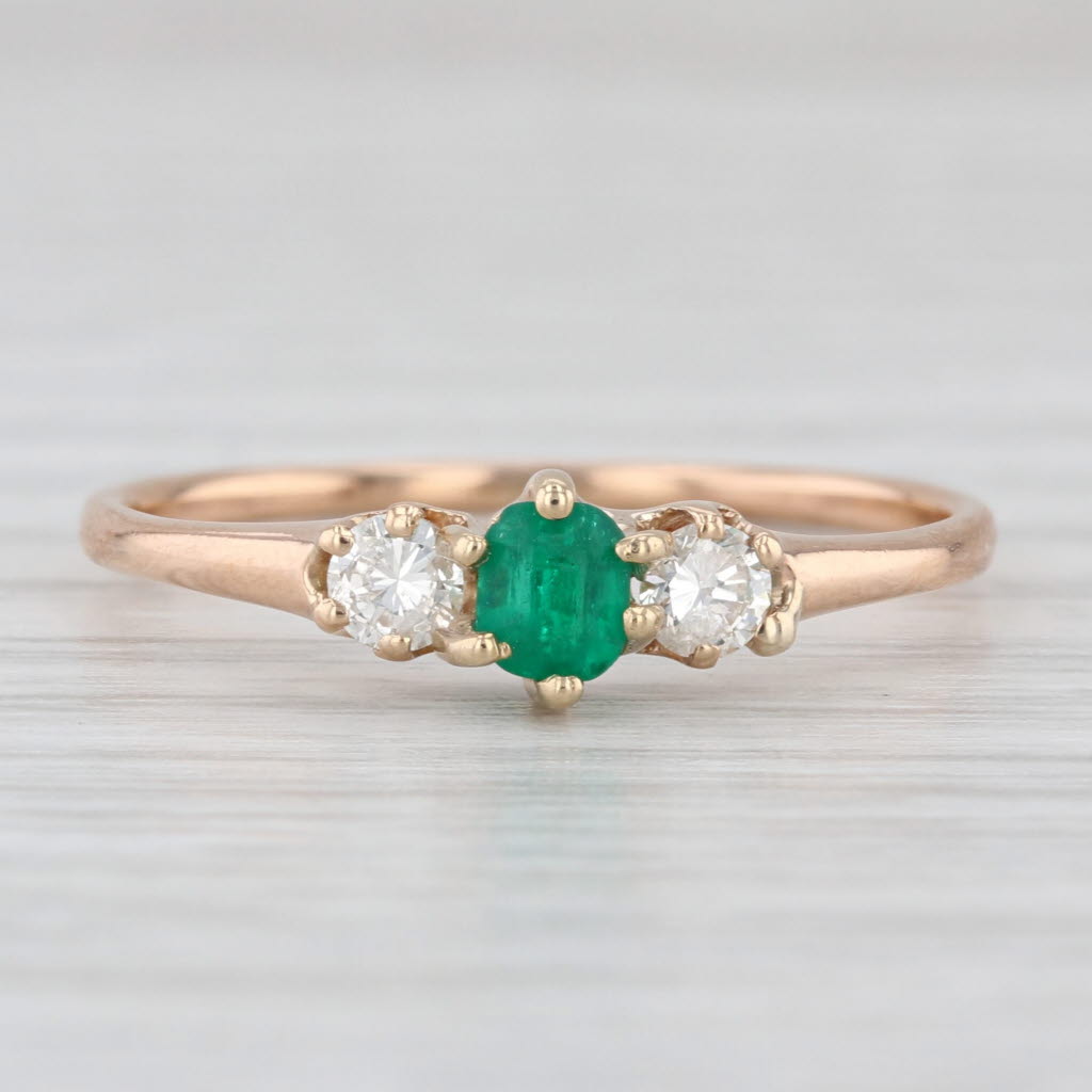 0.43ctw Emerald Diamond Ring 14k Yellow Gold Size 8 small 3-Stone