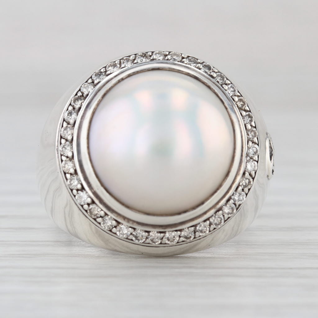 David Yurman Cultured Mabe Pearl Diamond Halo Ring Sterling Silver Size 9