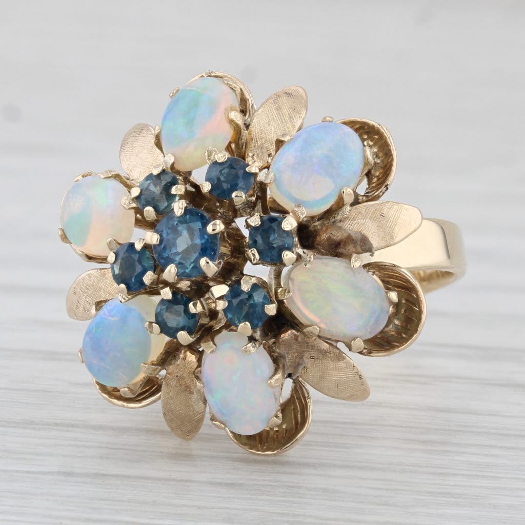 Light Gray Vintage Opal Blue Sapphire Cluster Ring 14k Yellow Gold Size 5.75 Cocktail