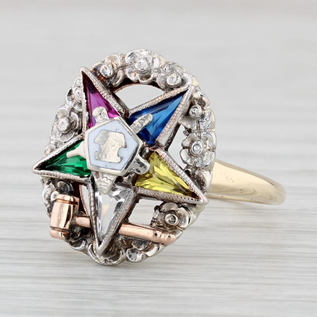 Light Gray Order Eastern Star Ring 10k Gold Past Matron OES Masonic Lab Created Gems