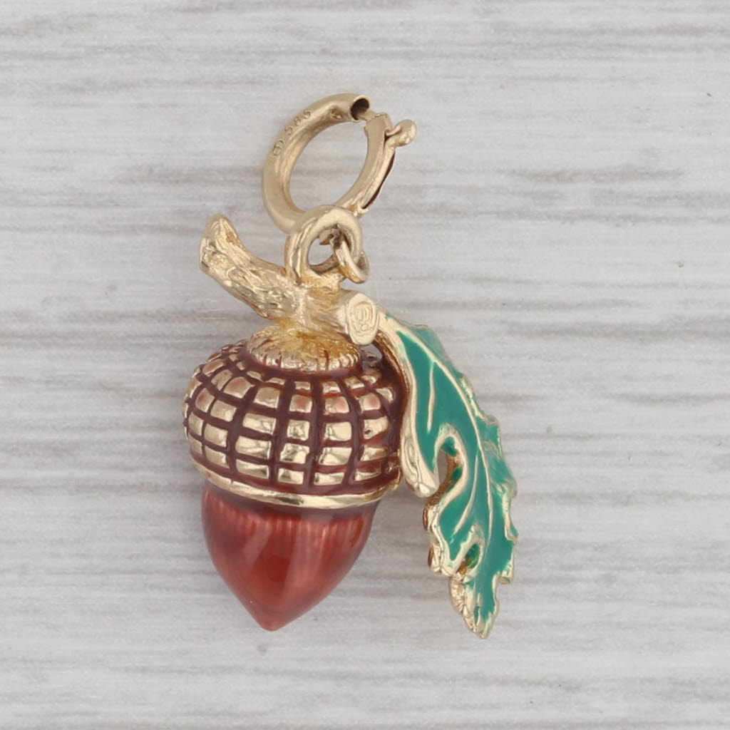 Gray Acorn Charm 14k Yellow Gold Enamel Woodland Forest Themed Pendant