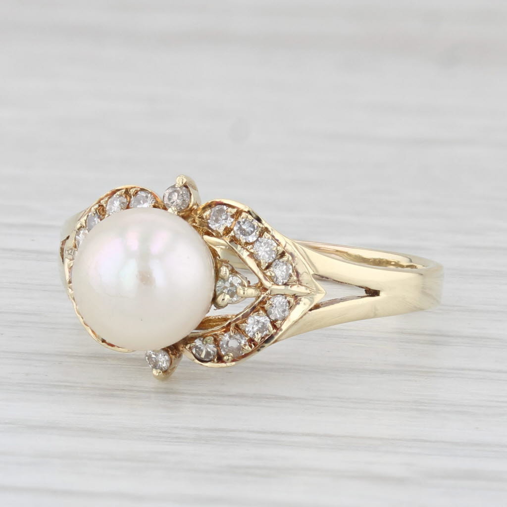 Light Gray Vintage Cultured Pearl 0.18ctw Diamond Ring 14k Yellow Gold Size 7.75