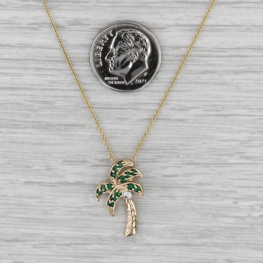 0.29ctw Emerald Diamond Palm Tree Pendant Necklace 14k Yellow Gold 18"