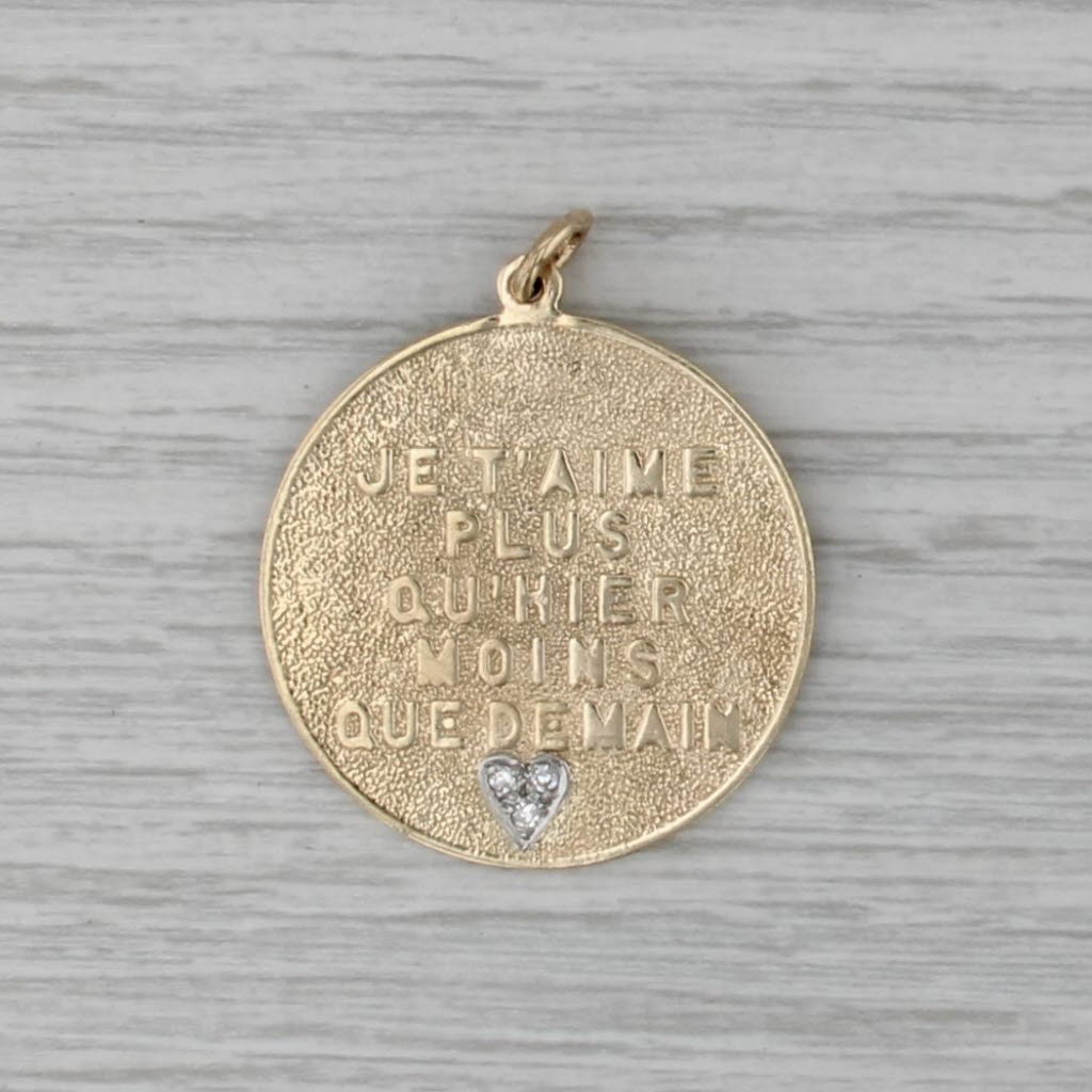 Je T'aime Plus Qu'hier moins Que Demain Diamond Heart Medallion Pendant 14k Gold
