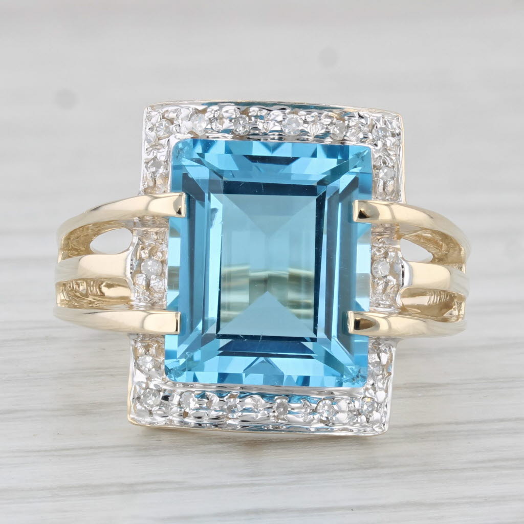 Light Gray 7.86ctw Emerald Cut Blue Topaz Diamond Ring 10k Yellow Gold Size 7.25