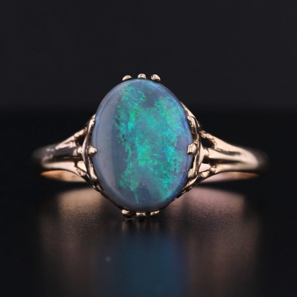 Vintage Blue Green Opal Solitaire Ring 14k Yellow Gold Ornate Size 11.75