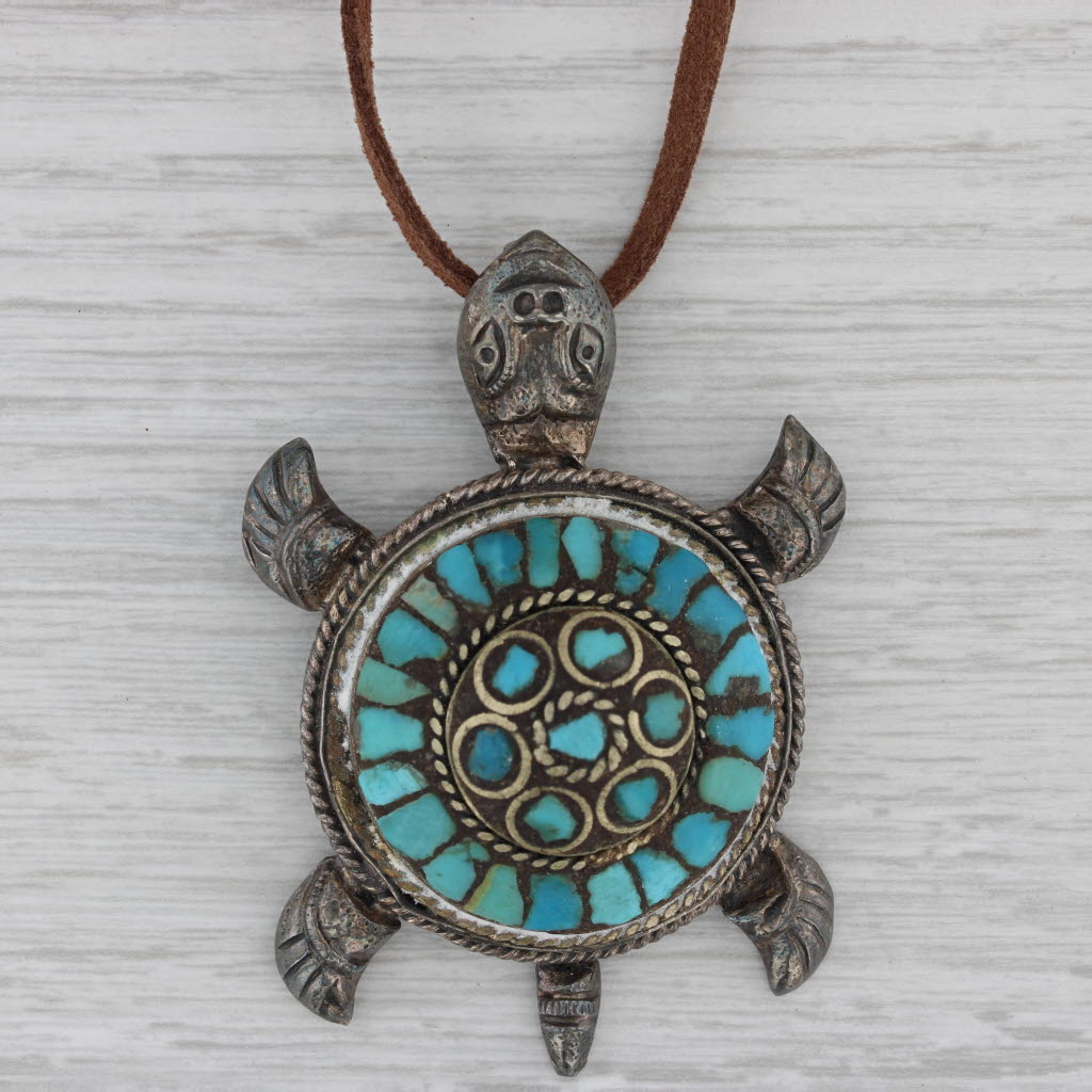 Gray Vintage Turquoise Large Turtle Pendant Necklace Sterling Silver Leather Cord