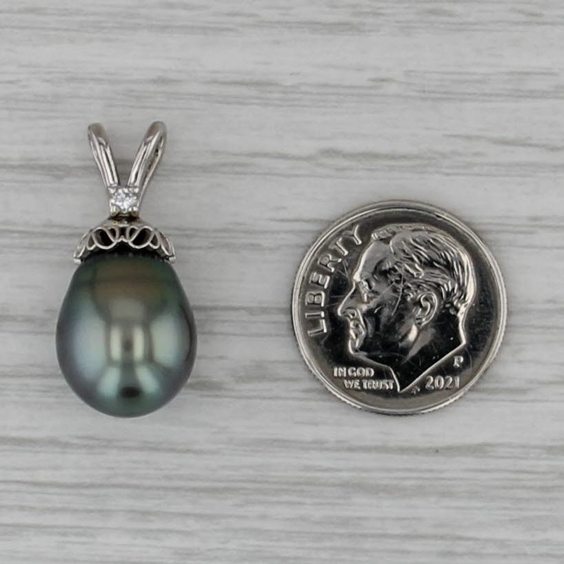 Cultured Black Pearl Diamond Pendant 14k White Gold Drop