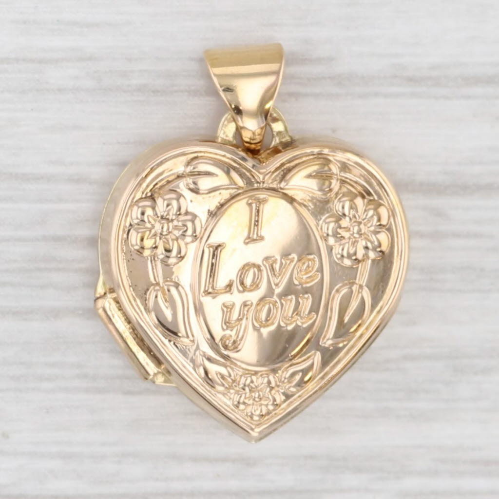 Light Gray I Love You Floral Locket Pendant 14k Yellow Gold Engravable Heart