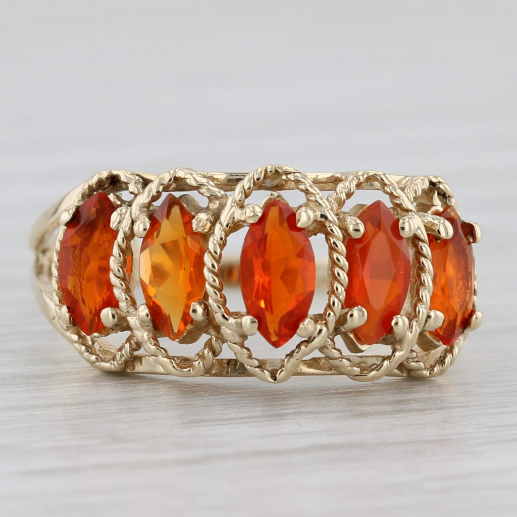 Light Gray 0.70ctw Marquise Fire Opal Ring 10k Yellow Gold Size 7 Tiered 5-Stone