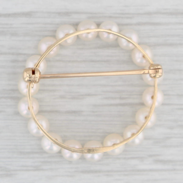 Light Gray Vintage Cultured Pearl Circle Brooch 14k Yellow Gold Pin
