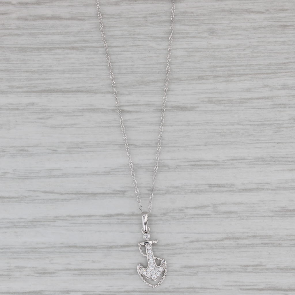 Gray New Diamond Anchor Pendant Necklace 14k White Gold 18" Singapore Chain