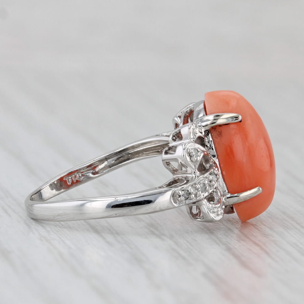 Gray Coral Oval Cabochon Diamond Ring 14k White Gold Size 7