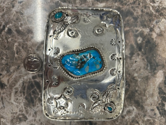 Dim Gray Vintage Large Turquoise Belt Buckle Southwestern Handmade Sterling Silver
