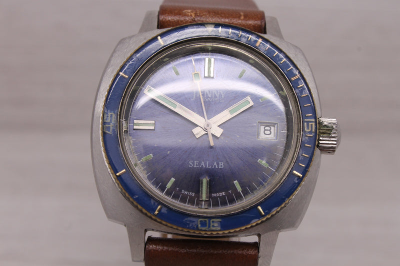 Rosy Brown Vintage Jenny Sealab 39mm Stainless Steel Automatic Divers Watch ETA Blue Dial
