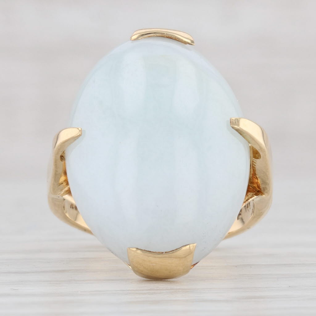 Light Gray Light Green Jadeite Jade Ring 14k Yellow Gold Sz 7 Oval Cabochon Solitaire