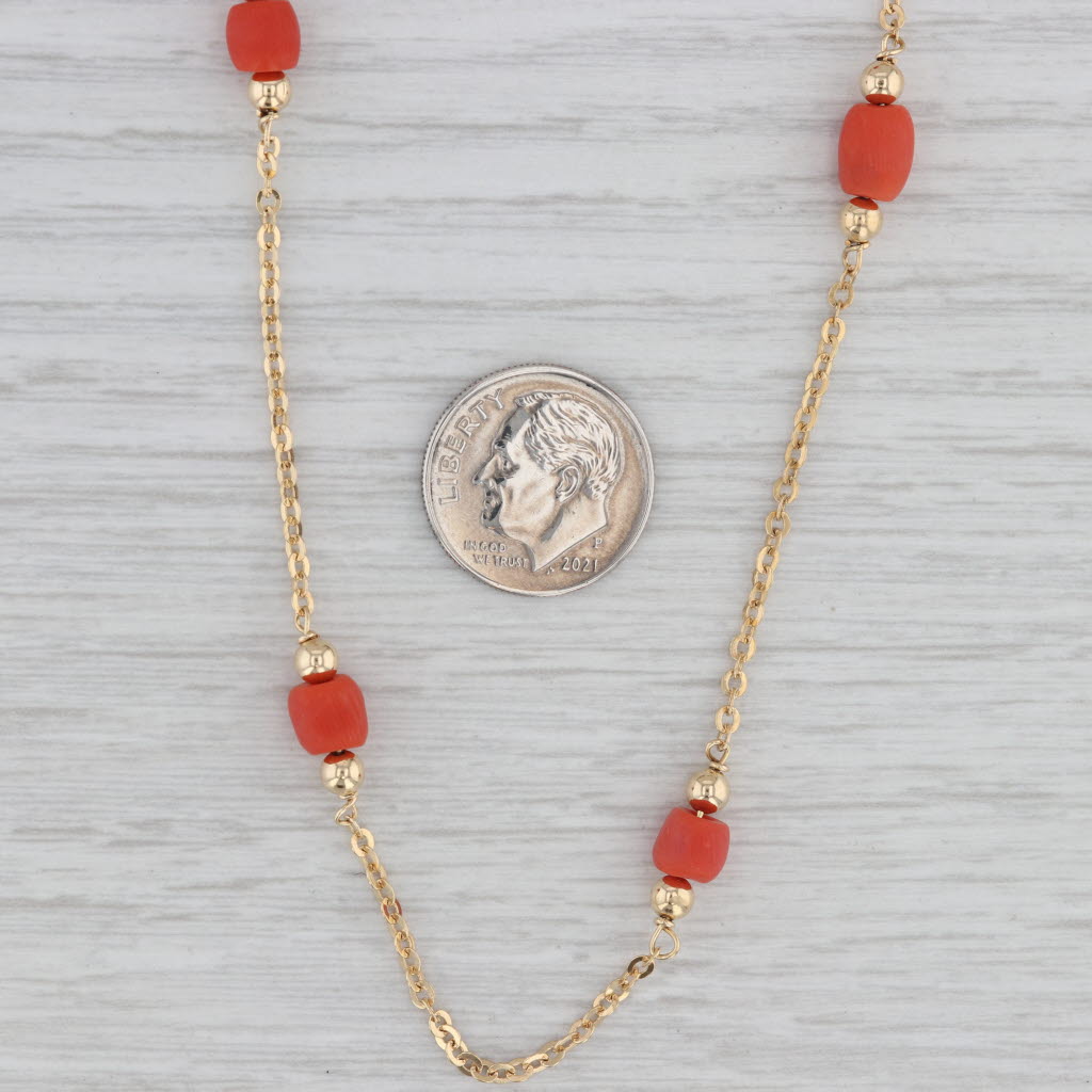 Gray Red Coral Station Cable Chain Necklace 18k Yellow Gold 18"