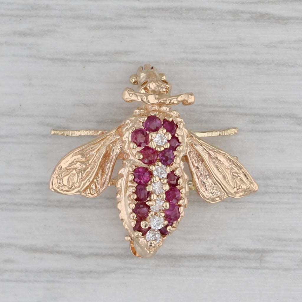 Gray 0.20ctw Ruby Diamond Little Bee Pin 14k Yellow Gold