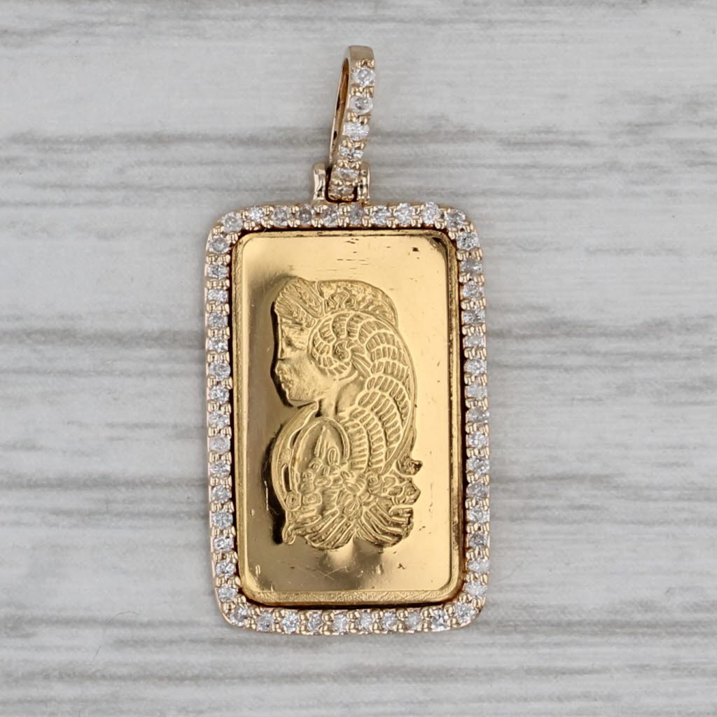 Gray New Diamond Halo Fortuna Pamp Gold Bar Pendant 1 Gram 999 and 14k Yellow Gold