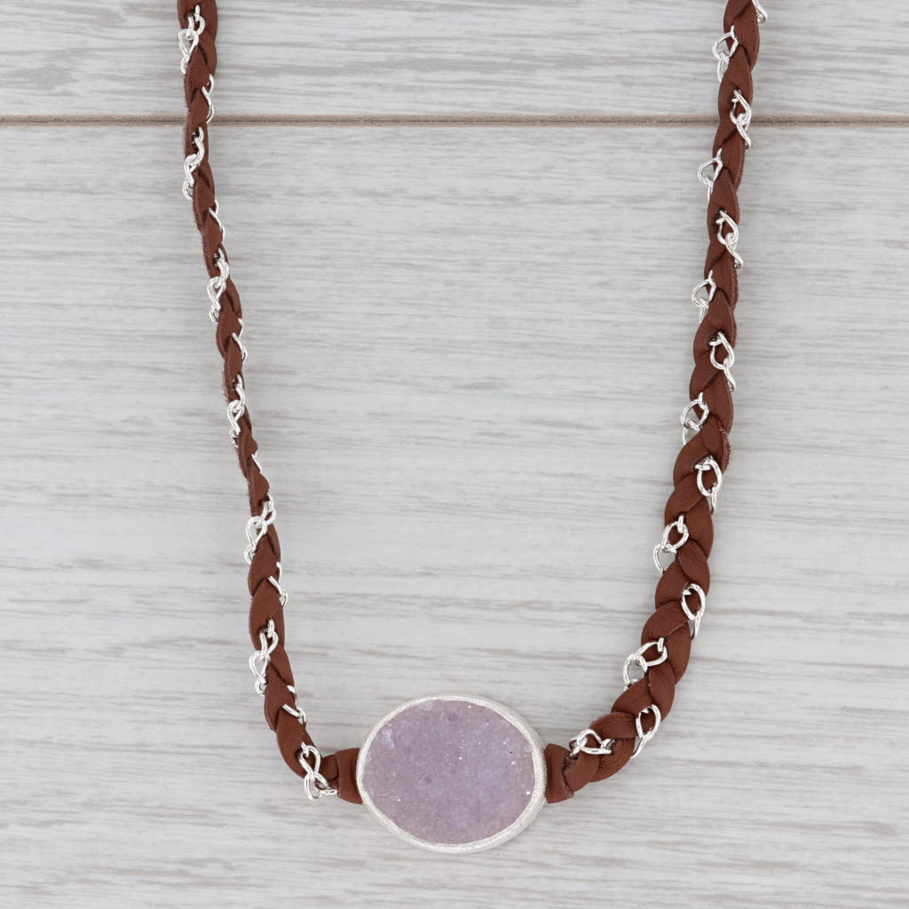 New Nina Wynn Necklace Cordelia Woven Brown Leather Pink Druzy Quartz Tags