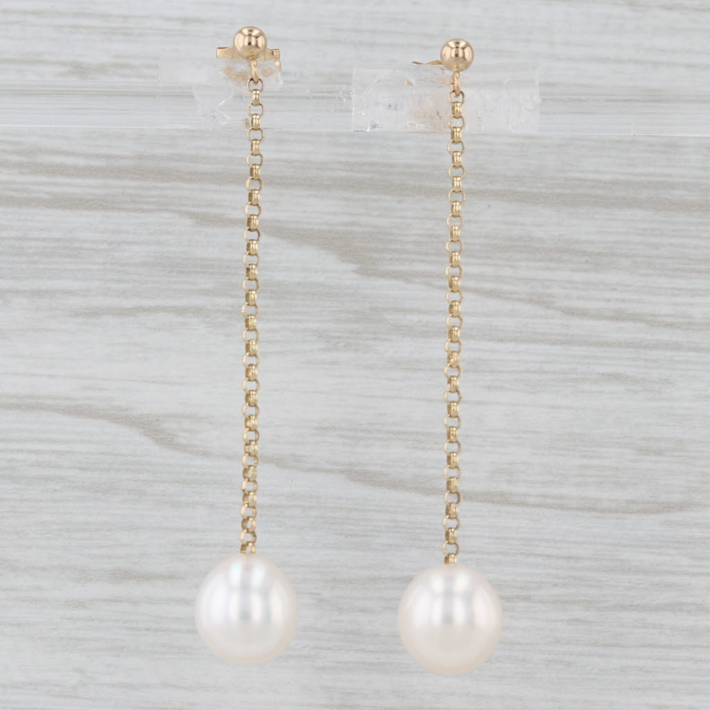 Light Gray Cultured Pearl Solitaire Dangle Earrings 14k Yellow Gold