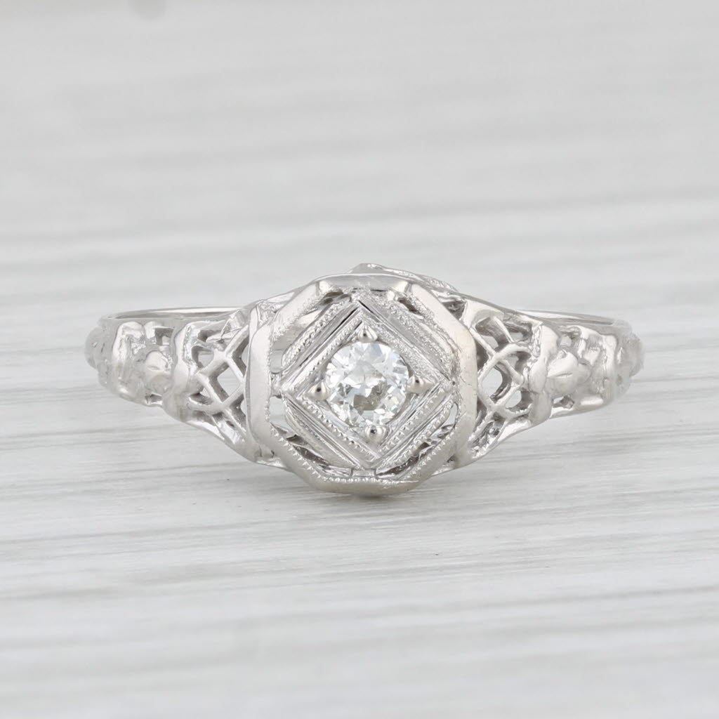 Light Gray Art Deco Diamond Solitaire Engagement Ring 18k White Gold Filigree Size 6