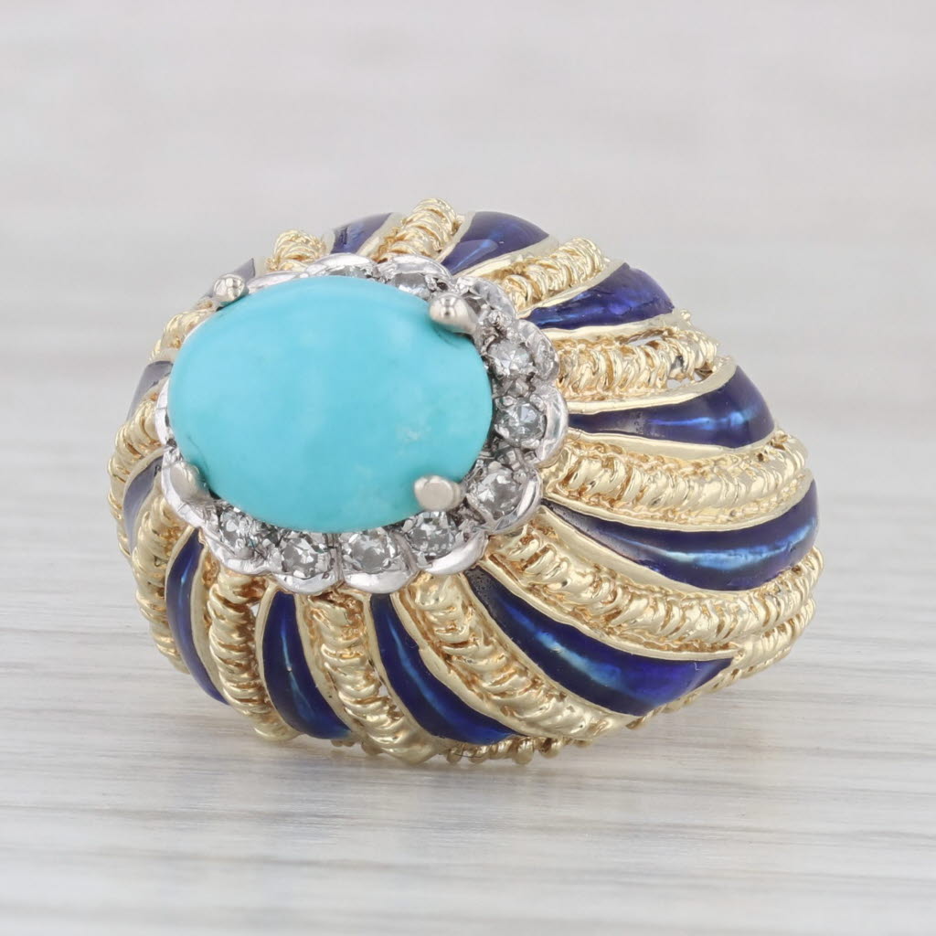 Light Gray Vintage Turquoise Diamond Enamel Cocktail Ring 14k Yellow Gold Size 5.75