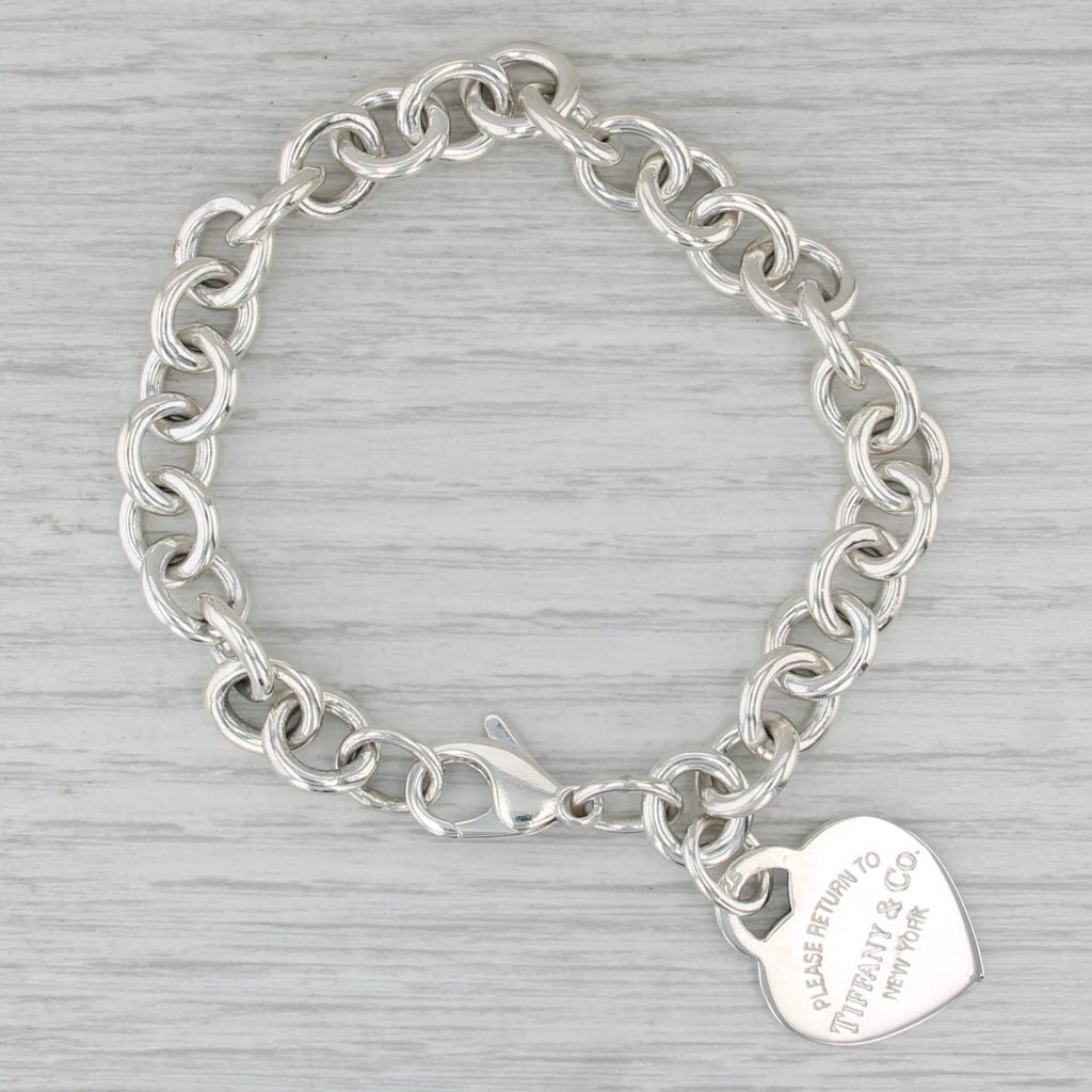 Tiffany ID Heart Return Tag Charm Bracelet w/ Box Pouch Sterling Silver 7.5"