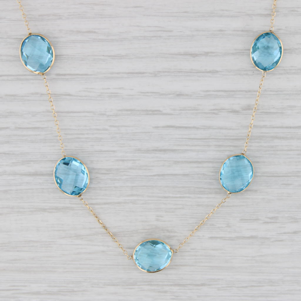 Light Gray Blue Topaz Station Necklace 14k Yellow Gold 18" Cable Chain