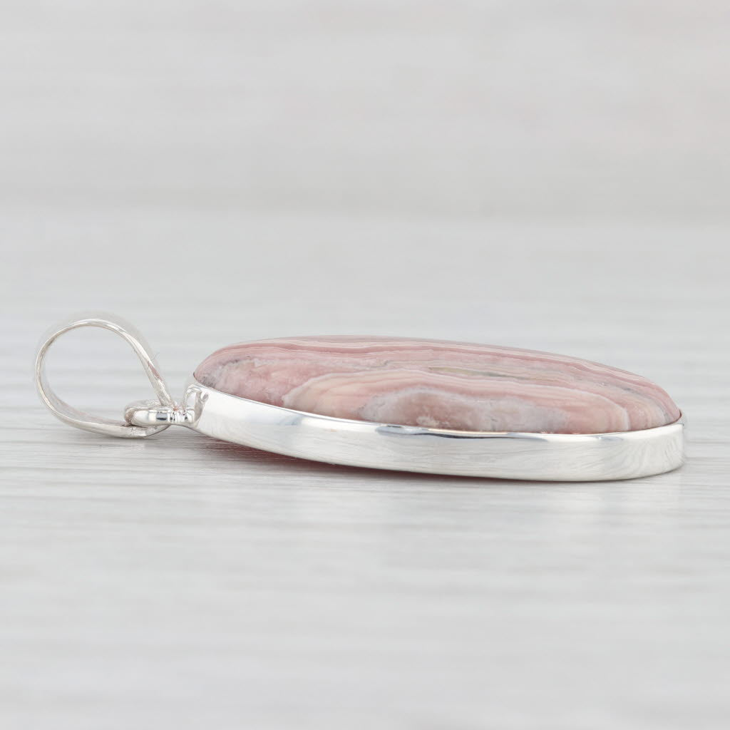 Light Gray Marbled Red Rhodochrosite Oval Cabochon Pendant Sterling Silver Statement