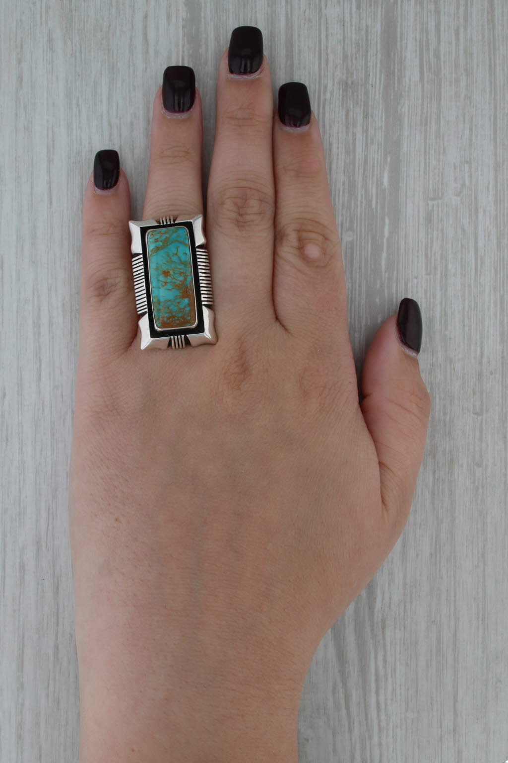Vintage Tim Bedah Navajo Ring Sterling Silver Turquoise Native American Sz 7.75