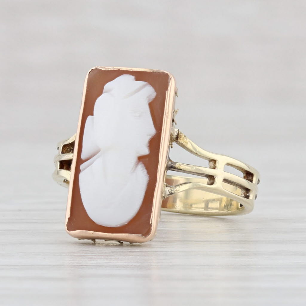 Light Gray Vintage Cameo Ring 10k Yellow Gold Carved Shell Figural Bust Size 4