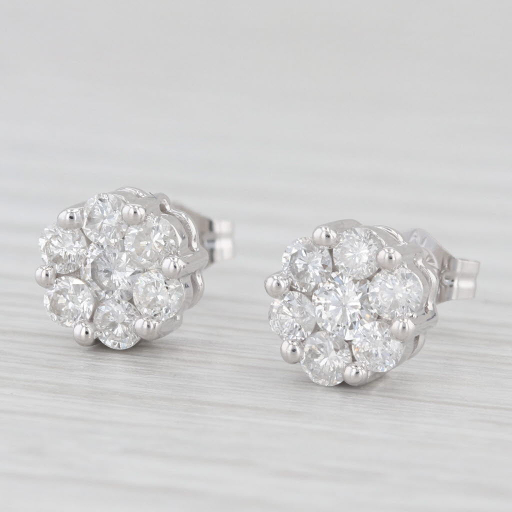 Light Gray 0.90ctw Diamond Cluster Stud Earrings 14k White Gold Flower Studs