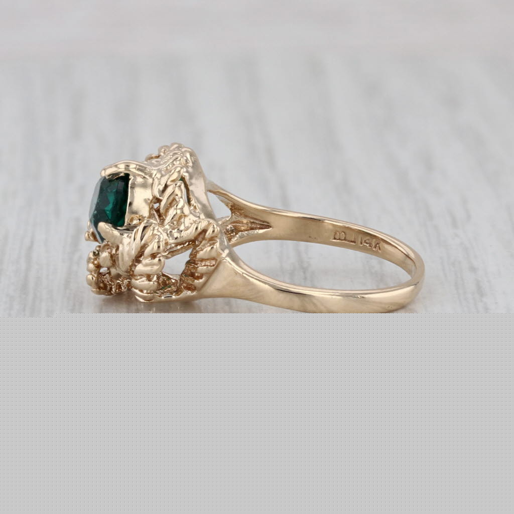 Green Glass Simulated Emerald Leaf Ring 14k Yellow Gold Size 5.5