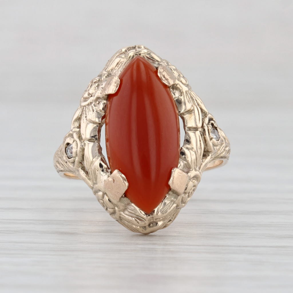 Vintage Ornate Floral Carnelian Ring 10k Yellow Gold Size 7 Oval Cabochon