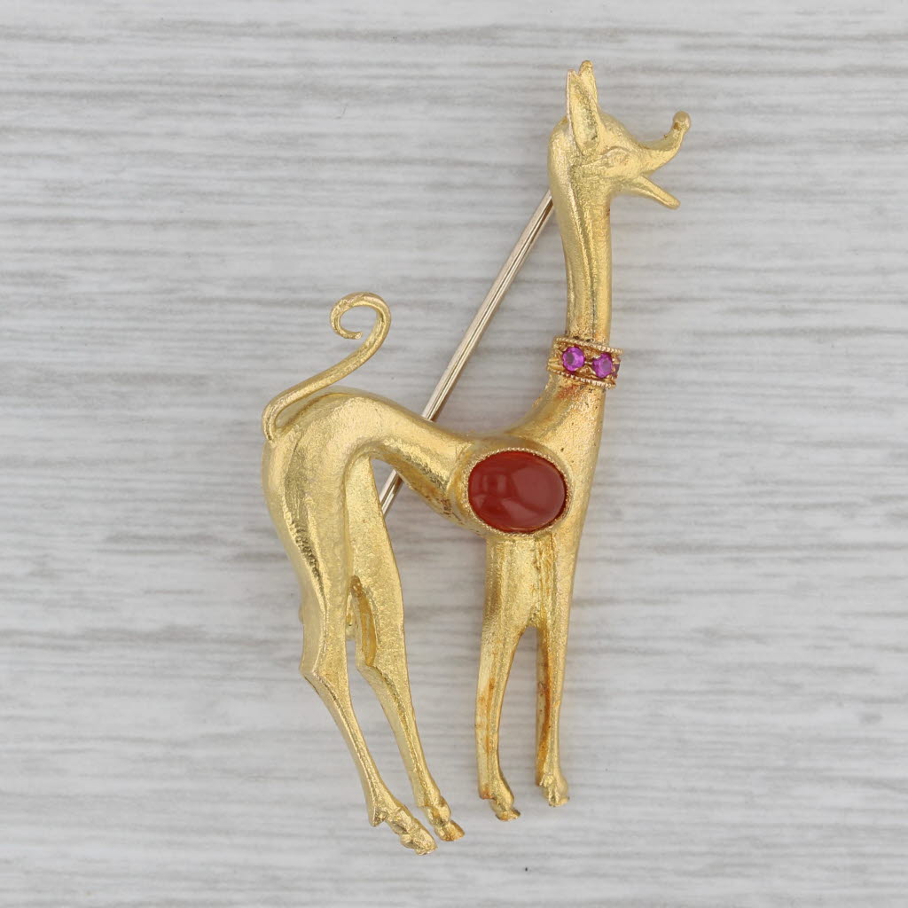 Gray Jeweled Deer Brooch 18k Yellow Gold Lab Created Ruby Glass Statement Pin