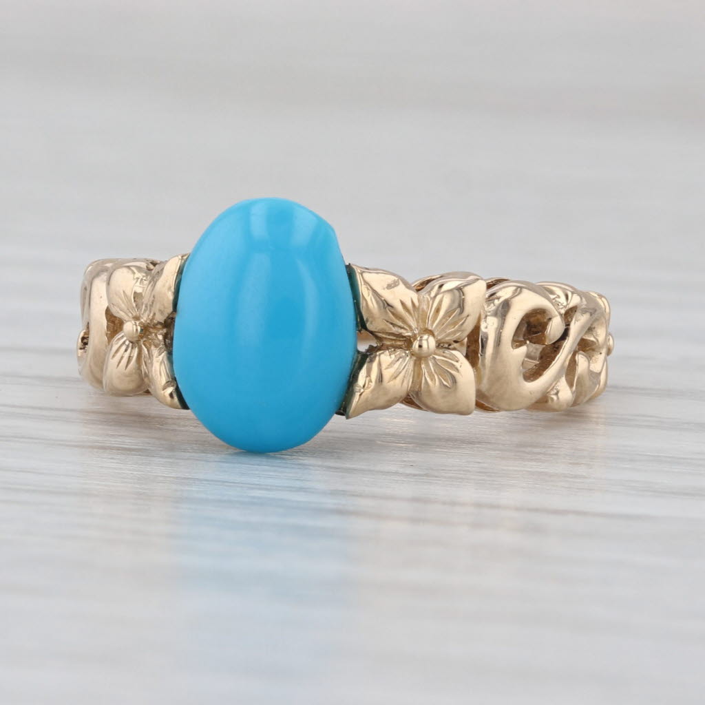 Oval Cabochon Turquoise Ring 14k Yellow Gold Ornate Floral Size 7
