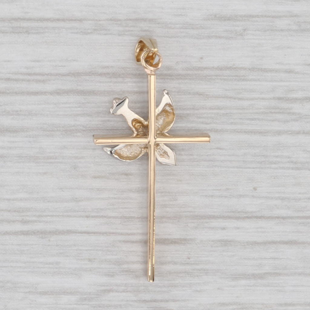 Light Gray Dove Cross Pendant 14k Yellow White Gold Small Drop Religious Jewelry