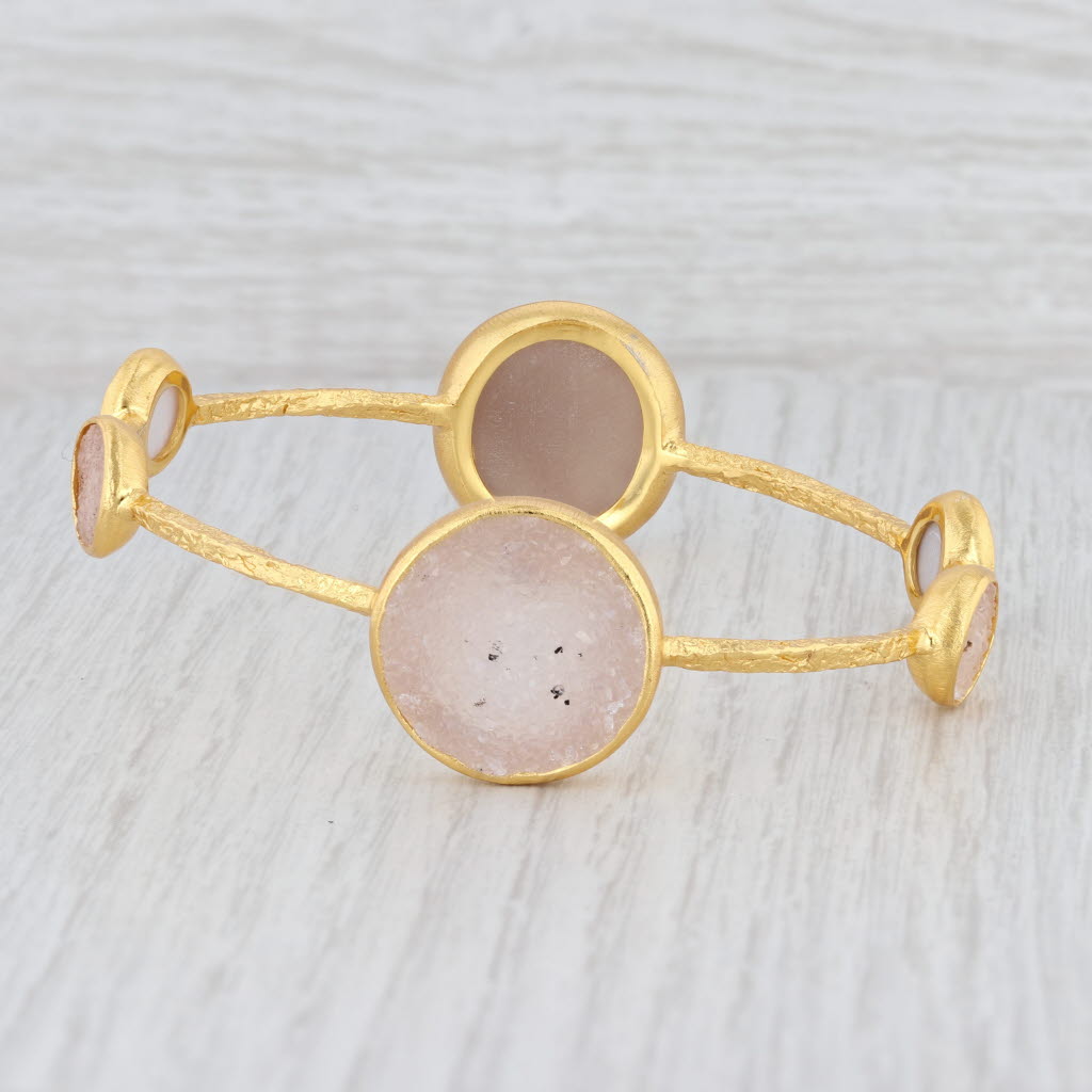 New Nina Wynn Bangle Bracelet Sand White Druzy Quartz 22k Vermeil Sterling