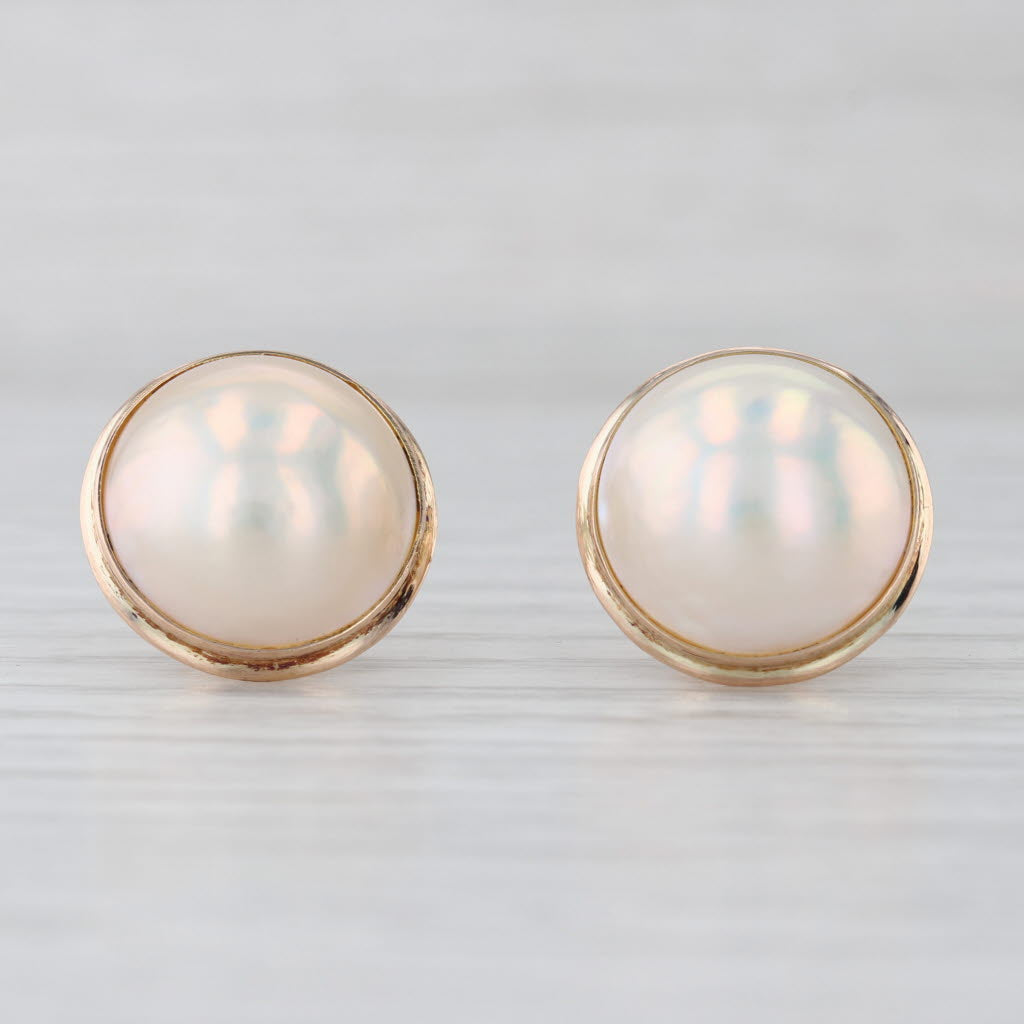 Mabe Pearl Button Stud Earrings 14k Yellow Gold Round Studs