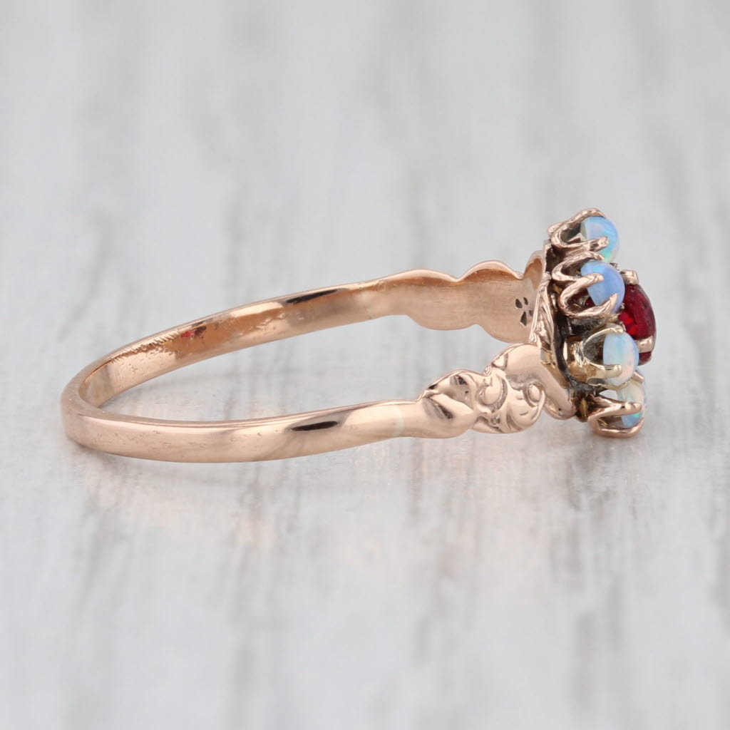 Victorian Antique Blue Opal Red Glass Flower Ring 14k Yellow Gold Size 8.5
